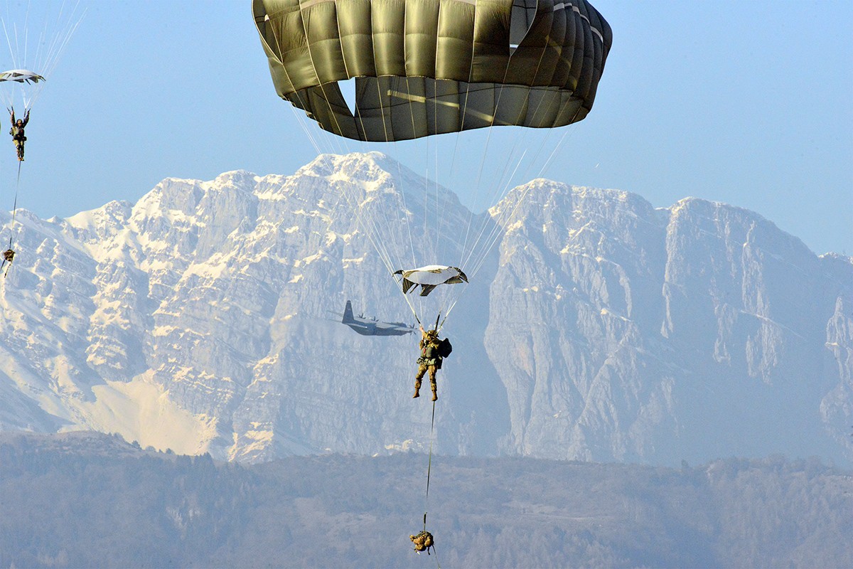 Paratroopers descend
