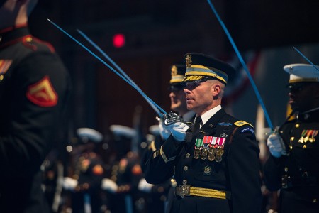 U.S. service members participate in an Armed Forces Full Honor Arrival Ceremony held in honor of Jeong Kyeong-doo, Minister of the National Defense, Republic of Korea at Joint Base Meyer - Henderson Hall, Arlington Va., April 2, 2019. The event was hosted by the Chairman of the Joint Chiefs of Staff U.S. Marine Corps Gen. Joseph F. Dunford. (U.S. Army photo by Spc. Zachery Perkins)