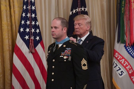President of the United States, Donald J. Trump hosts the Medal of Honor Ceremony in honor of U.S. Army Master Sgt. Matthew O. Williams, at the White House, Washington, D.C., Oct. 30, 2019. Williams received the Medal of Honor for actions with the Special Forces Operational Detachment Alpha 3336, Special Operations Task Force-33, in support of Operation Enduring Freedom in Afghanistan on April 6, 2008. (U.S. Army photo by Sgt. Keisha Brown)