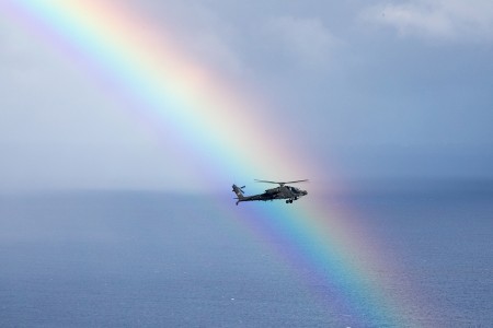 The 25th Combat Aviation Brigade, 25th Infantry Division, fly AH-64 Apache helicopters in an organized formation around Oahu, Hawaii, May 1, 2019. (U.S. Army photo by Sgt. Ryan Jenkins)