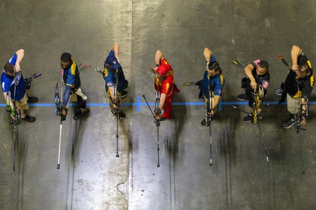 Archers begin the final rounds of archery in the compound bow division during the 2019 DoD Warrior Games in Tampa, Fla. June 25, 2019. (DoD photo by EJ Hersom)