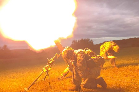 Soldiers with 2nd Battalion, 108th Infantry Regiment fire a M120 120mm mortar system during table six gunnery at Fort Drum, N.Y., July 22, 2019. The crews became the first in the state to qualify using the digital Mortar Fire Control System. (U.S. Army photo by Matthew Day)