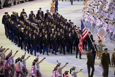 The U.S. Armed Forces Sports team marches during opening ceremonies for the 2019 Military World Games in Wuhan, China, Oct. 18, 2019. Teams from more than 100 countries competed in dozens of sporting events throughout the competition, uniting service members from nations around the globe through sports. (DoD photo by EJ Hersom)