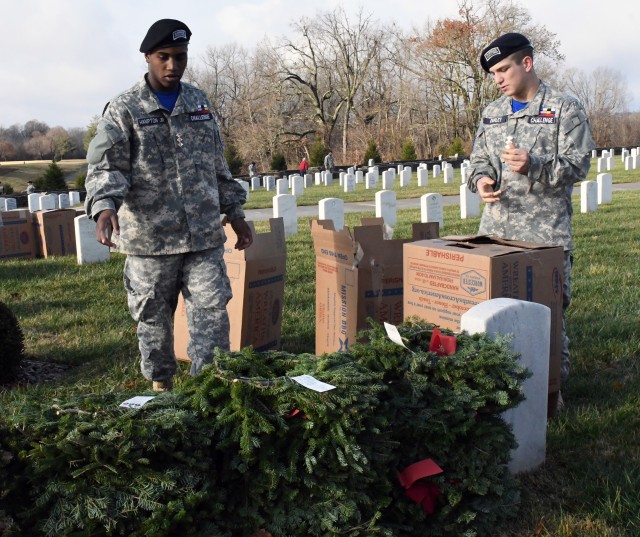Volunteers honor military veterans with wreaths at Fort Knox Main Post Cemetery, Kentucky Veterans Cemetery -- Central