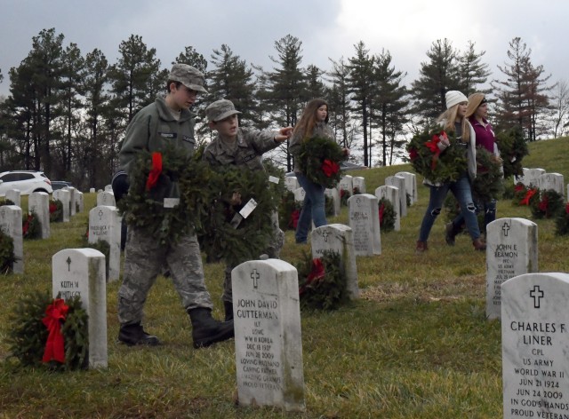 Volunteers honor military veterans with wreaths at Fort Knox Main Post Cemetery, Kentucky Veterans Cemetery -- Central