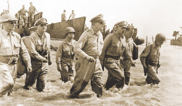 U.S. Army Gen. Douglas MacArthur returns to the Philippines, Leyte Gulf, October 1944. 