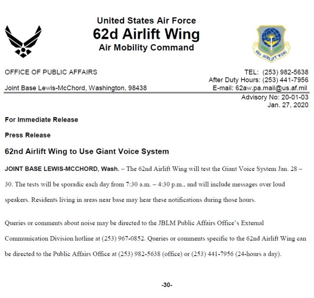 62nd Airlift Wing to Use Giant Voice System