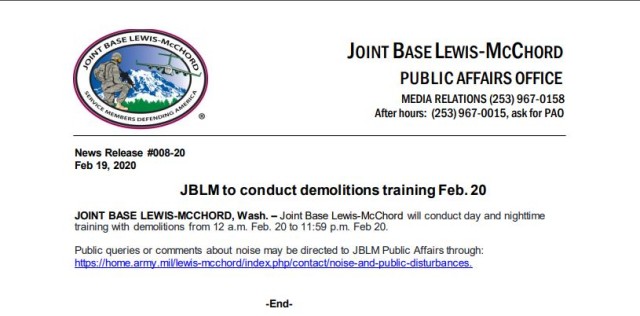 JBLM to Conduct demolitions training Feb. 20