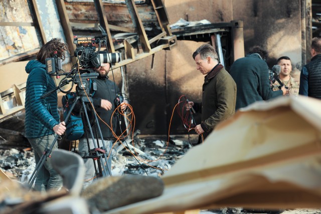 News agency camera operators set up broadcasting equipment at Al Asad Air Base, Iraq, Jan. 13, 2020. Military officials invited international news agencies to participate in a media event at Al Asad in the aftermath of ballistic missile attacks.