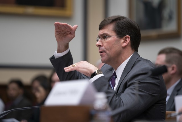 Defense Secretary Dr. Mark T. Esper appears on Capitol Hill for a House Armed Service Committee hearing on the Defense Department’s fiscal year 2021 budget request, Feb. 26, 2020.