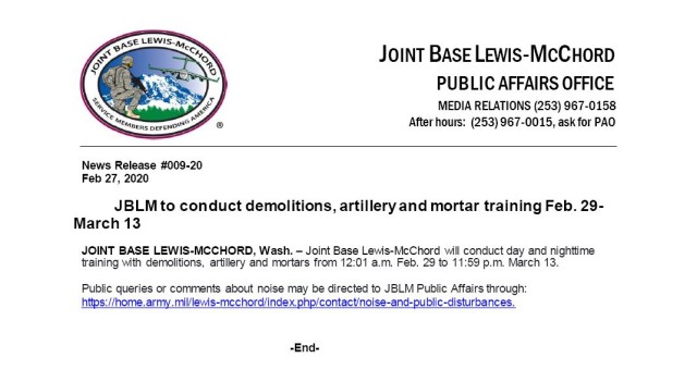 JBLM to conduct demolitions, artillery and mortar training Feb. 29-March 13