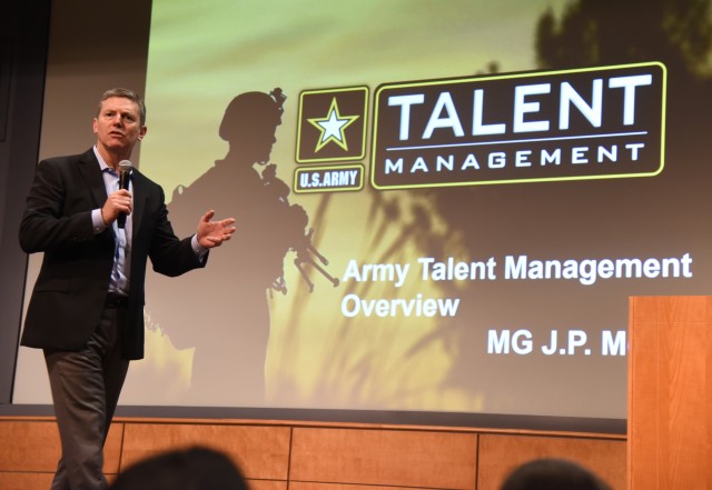Maj. Gen. Joseph P. McGee, the Army Talent Management Task Force director, speaks during a talent management planning conference in Arlington, Va. Leaders issued a call-to-arms for stakeholders to build on initiatives to enable more improvements to how the force recruits, retains and forges ahead into the information age. 