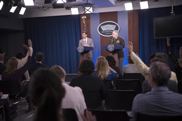 Defense Secretary Dr. Mark T. Esper and Army Gen. Mark A. Milley, chairman of the Joint Chiefs of Staff, speak to reporters at the Pentagon, March 2, 2020.