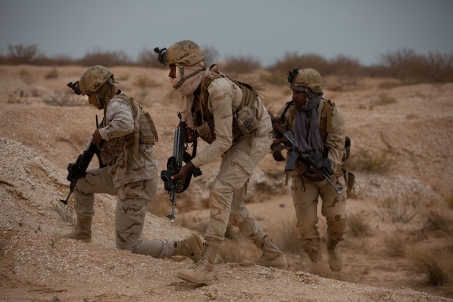 A Mauritanian Soldier pulls security during a simulated raid, building off intelligence gathered in pursuit of malign actors as part of the Flintlock 2020 scenario, near Nouakchott, Mauritania on Feb. 23, 2020. Flintlock is an annual, integrated military and law enforcement exercise that has strengthened key partner-nation forces throughout North and West Africa since 2005. Flintlock is U.S. Africa Command’s premier and largest annual Special Operations Forces exercise.