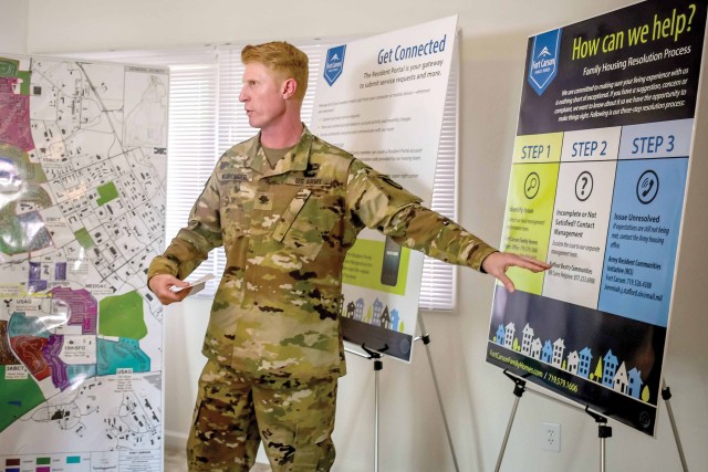 Army Col. Brian K. Wortinger, commander of U.S. Army Garrison Fort Carson, Colo., talks about the three step family housing resolution process during an update for on-post housing improvement efforts at the base, June 6, 2019.