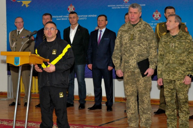 Major Michael Bailey, the United States Army Joint Multinational Training Group – Ukraine (JMTG-U) and Defence Reform Advisory Board (DRAB) Liaison Officer (LNO) and Badminton Competitor in the Kyiv Games, introduces the American competitors...