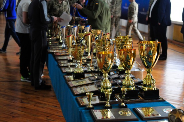 Trophies for each competition lie dormant, awaiting their respective winners, at the closing ceremony of the 11th annual Kyiv Games in Kyiv, Ukraine, 14 Feb. 2020. Many nations received awards during the ceremony, with trophies presented by the...