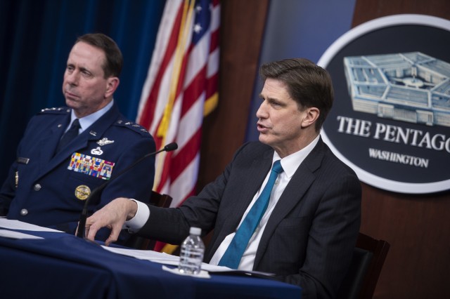 Air Force Lt. Gen. Jack Shanahan, director of the Joint Artificial Intelligence Center, left, and Dana Deasy, the Defense Department’s chief information officer, brief reporters at the Pentagon on the adoption of ethical principles for...