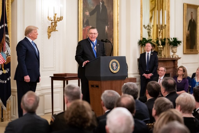 President Donald J. Trump and retired Army Gen. Jack Keane participate in the Presidential Medal of Freedom ceremony at the White House, March 10, 2020.
