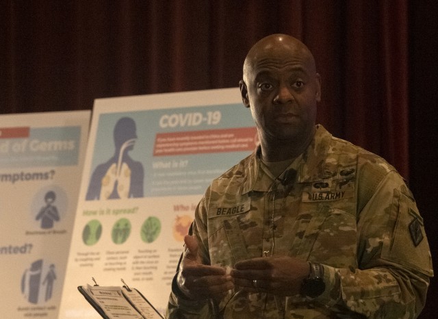 Fort Jackson commander, Brig. Gen. Milford H. &#39;Beags&#39; Beagle Jr., and Post Command Sgt. Maj. Jerimiah Gan, listen to a question from the audience during a Community Town Hall on Special Topics March 5 in the Post Theater. The aim of the...