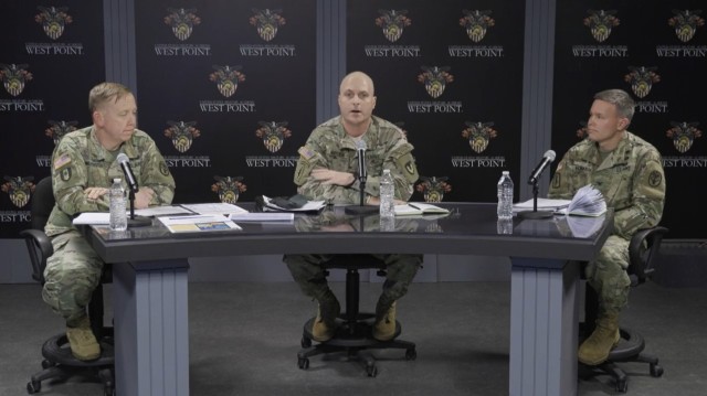 (From left to right) Lt. Col. Michael Greifenstein, chief of West Point Department of Public Health; Col. Cecil Marson, West Point garrison commander; and Col. Brett H. Venable, Keller commander, speak during the first in a series of virtual town halls Tuesday evening to update the West Point community on the response to COVID-19.