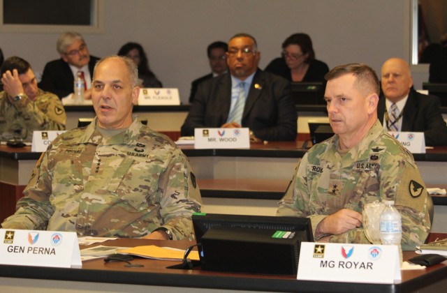 Army Materiel Command's Gen. Gus Perna receives an update from U.S. Army Aviation and Missile Command's Maj. Gen. Todd Royar. The quarterly briefings are an opportunity for subordinate commands to present successes, challenges and receive guidance on the way ahead.
