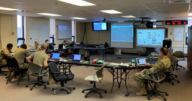 Soldiers from Maryland Army National Guard’s 58th Expeditionary Military Intelligence Brigade conduct a pre-mobilization training exercise from their home station, with support from the Townsend Mission Training Complex personnel at Fort Drum,...