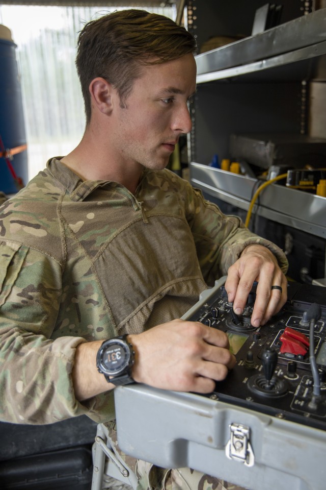 Sgt. Travis Brixius, 744th Ordnance Company (EOD), steers an explosive ordnance disposal robot during Raven’s Challenge on March 4, 2020. Raven’s Challenge is an annual series of events that enhances the interoperability of explosive ordnance...