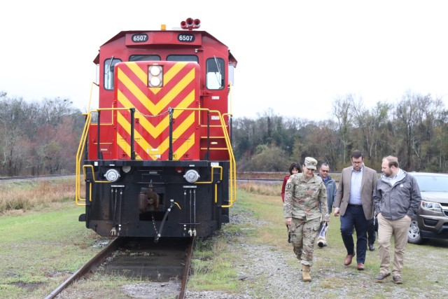 Command Sgt. Maj. Rebecca N. Myers, Fort Stewart Garrison’s senior enlisted leader, leads a tour of rail load operations, March 5 at Fort Stewart, Georgia.  The tour followed a brief on a proposed plan to improve rail load operations at the Rail...
