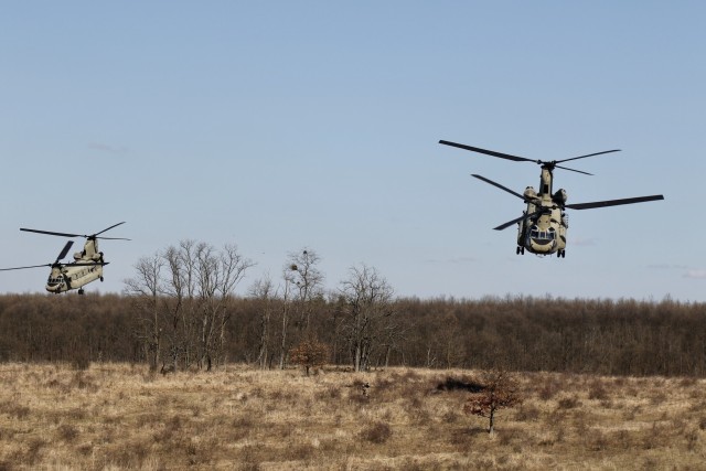 Helicopters from 2-3 General Support Battalion, 3rd Combat Aviation Brigade, 3rd Infantry Division, take-off from the landing zone during Hawk Strike in Hungary on March 5. Hawk Strike allows units to conduct movements in a realistic,...