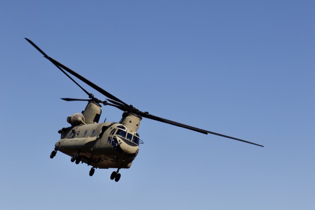 A CH-47 Chinook from 2-3 General Support Battalion, 3rd Combat Aviation Brigade, 3rd Infantry Division, fly towards the landing zone during Hawk Strike in Hungary on March 5. Hawk Strike allows units to conduct movements in a realistic, high-intensity environment to ensure readiness and the ability to fully integrate with any NATO partner and ally, such as the Hungarian Forces.