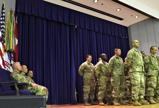 Leadership from the U.S. Army Reserve Cyber Protection Brigade and 335th Signal Command (Theater), recognize Soldiers assigned to Detachment 1 - USAR-CPB, during a ceremony at the Army Research Laboratory, College Park, Maryland, February 22. The Detachment assembled for the ceremony to receive official deployment orders for the next rotation to the Regional Cyber Center -- Southwest, Asia. (U.S. Army Reserve Photo by Sgt. Erick Yates)