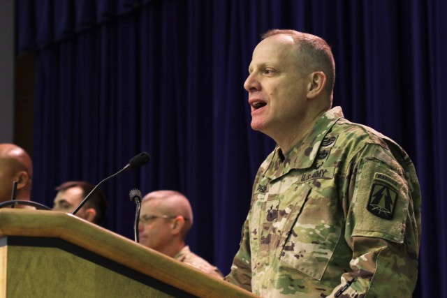 U.S. Army Maj. Gen. John H. Phillips, commander, 335th Signal Command (Theater), delivers remarks during a departure ceremony for Detachment 1 - U.S. Army Reserve Cyber Protection Brigade, 335th SC(T), at the Army Research Laboratory, near College Park, Maryland, February 22. The Detachment assembled for a ceremony to receive official deployment orders for the next rotation to the Regional Cyber Center -- Southwest, Asia. (U.S. Army Reserve Photo by 
Sgt. Erick Yates)