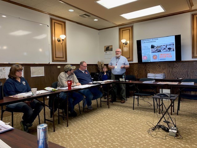 Terry Zien, program manager and Silver Jackets team coordinator, and Bonnie Greenleaf, senior project manager, lead an emergency action plan workshop on Sept. 19, 2019 in Virginia City, Nevada.