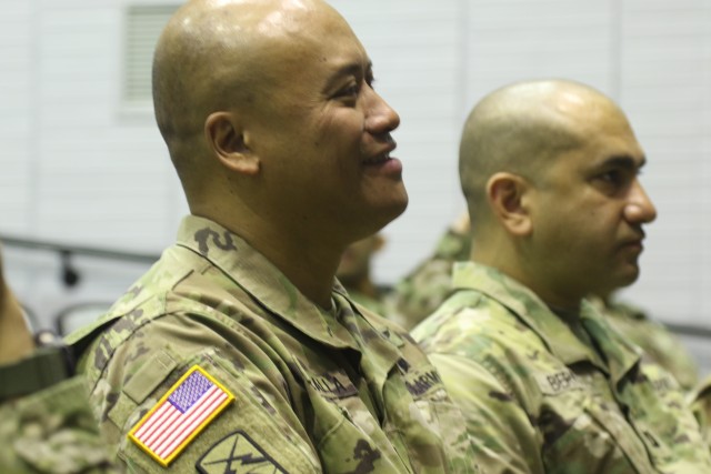 U.S. Army Chief Warrant Officer 4 Reyson Saballa, senior warrant officer assigned to Detachment 1 – U.S. Army Reserve Cyber Protection Brigade, 335th Signal Command (Theater), listens during a deployment brief at the Army Research Laboratory, College Park, Maryland, February 22. The Detachment assembled for a ceremony to receive official deployment orders for the next rotation to the Regional Cyber Center -- Southwest, Asia. (U.S. Army Reserve Photo by Sgt. Erick Yates)