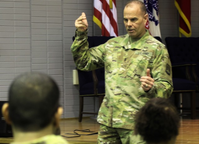 U.S. Army Command Sgt. Maj. Timothy Eddy, senior enlisted adviser, U.S. Army Reserve Cyber Protection Brigade, 335th, Signal Command (Theater), conducts a deployment brief after a departure ceremony for Detachment 1 - USAR-CPB, at the Army Research Laboratory, College Park, Maryland, February 22.  The Detachment assembled for the ceremony to receive official deployment orders for the next rotation to the Regional Cyber Center -- Southwest, Asia. (U.S. Army Reserve Photo by Sgt. Erick Yates)