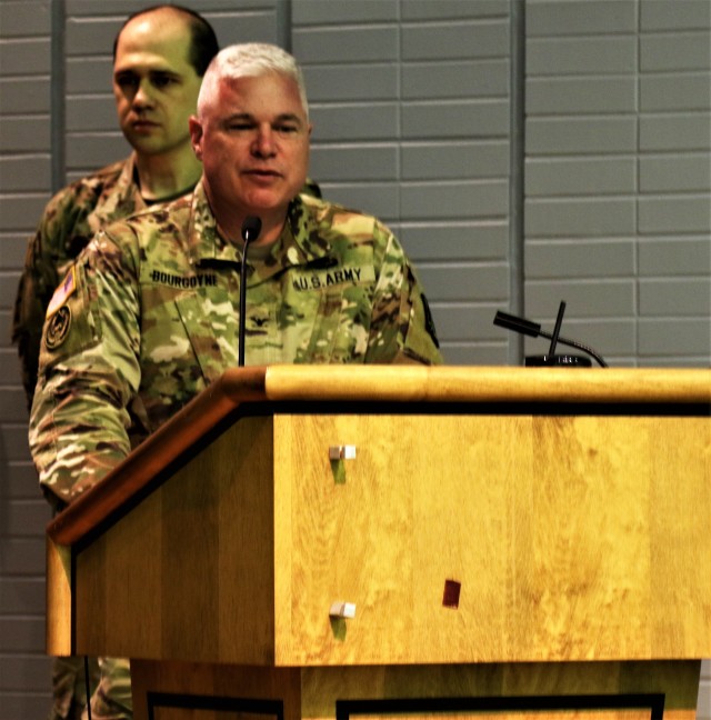 U.S. Army Col. Benjamin Bourgoyne, commander, U.S. Army Reserve Cyber Protection Brigade, 335th, Signal Command (Theater), delivers remarks during a departure ceremony for Detachment 1 - USAR-CPB, at the Army Research Laboratory, College Park, Maryland, February 22.  The Detachment assembled for the ceremony to receive official deployment orders for the next rotation to the Regional Cyber Center -- Southwest, Asia. (U.S. Army Reserve Photo by Sgt. Erick Yates)