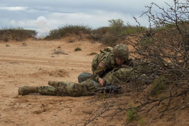 Pfc. Khristina Shows assigned to 1st Battalion, 204th Air Defense Artillery Regiment, Mississippi National Guard covers a casualty during mass casualty training exercise near Fort Bliss, Texas, March 17, 2020.  Training medics was an essential task in preparation for an upcoming deployment to Europe.