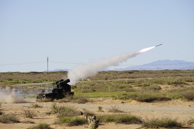 An Avenger Air Defense System from 1st Battalion, 204th Air Defense Artillery Regiment, Mississippi National Guard fires a Stinger air-to-ground missile during a Live Fire Exercise at Oro Grande Range Complex March 24, 2020.