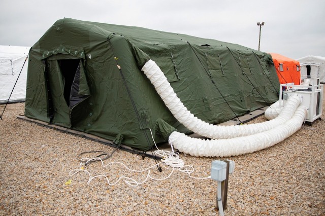 In accordance with Department of the Army guidance, Soldiers redeploying from overseas locations are required to enter a 14-day mandatory quarantine in one of several locations across the U.S., including this site on Fort Bragg, North Carolina. The 82nd Airborne Division and the Logistics Civil Augmentation Program (LOGCAP), which is overseen by the U.S. Army Sustainment Command at Rock Island Arsenal, established remote facilities to provide accommodations for up to 600 Soldiers. The facilities include recreation centers, internet services, mobile laundry units, catered food services, mobile restrooms, and showers. The Soldiers quarantined will continue regular activities after 14 days without any flu-like symptoms. (U.S. Army photo by Sgt. 1st Class Zach VanDyke)