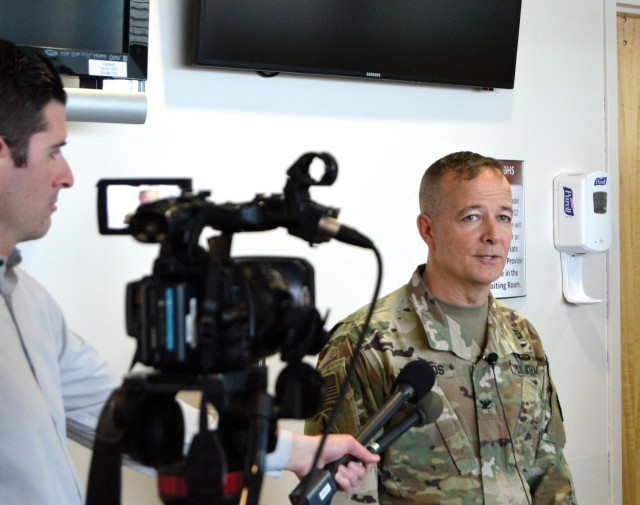 FORT CARSON, Colo. — Col. Eric S. Edwards, commander, Evans Army Community Hospital (EACH), briefs media members during EACH’s Consolidated Screening and Testing Center stand-up announcement March 18, 2020. (Photo by Scott Prater)