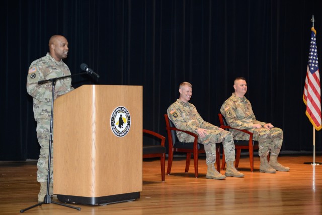 Outgoing Command Sgt. Maj. Garrick Griffin addresses attendees/viewers during a Change of Responsibility Ceremony held at Fort Knox&#39;s Waybur Theater March 27.