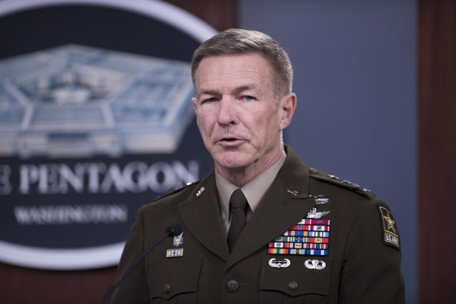 Chief of Staff of the Army Gen. James C. McConville speaks at the Pentagon about the latest COVID-19 developments in the Army, Washington, D.C., March 26, 2020.