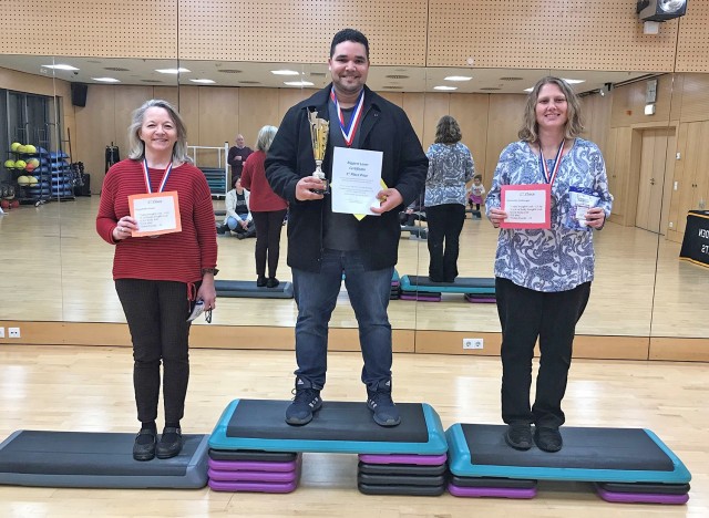 Photo courtesy of Fitness Center
The three Wiesbaden Biggest Loser Challenger winners take the podium -- (from left) Elizabeth Baker (third place), Warlin Nicasio (first) and Michelle Hellinger (second).