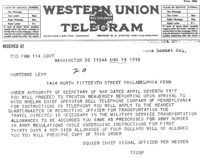 A telegram instructing Hortense Levy to report for telephone operations training