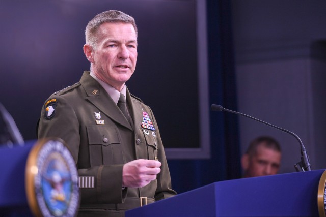 Secretary of the Army Ryan D. McCarthy and Chief of Staff of the Army Gen. James C. McConville,  pictured here, speak during a COVID-19 press briefing in the Pentagon in Arlington, Va., March 26, 2020.  