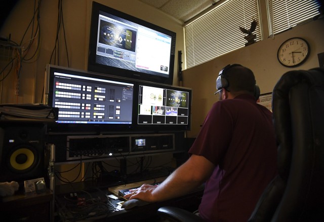 A camera switchboard operator tests the system on March 20, 2020 before live streaming a virtual town hall with Fort Jackson’s top leadership. During the town hall, new security measures emplaced across the installation were discussed as the COVID-19 virus continues to spread. The Fort Jackson local community as well as the Families of trainees were invited to attend the town hall and participate in a live question and answer session with top installation command members.