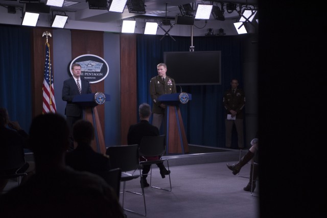 Secretary of the Army Ryan D. McCarthy and Chief of Staff of the Army Gen. James C. McConville speak in a Pentagon press briefing about the latest COVID-19 developments in the Army, Washington, D.C., March 26, 2020.