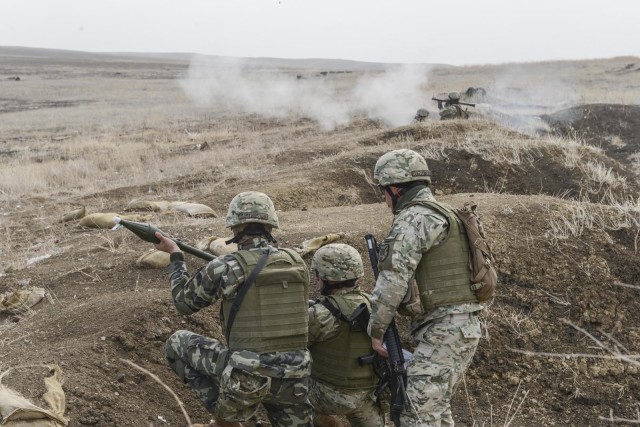 Georgian Soldiers shoot rocket propelled grenades at a range in Tblisi, Georgia on March 10, 2020. 21 Soldiers from 1st Battalion, 5th Cavalry Regiment, 2nd Armored Brigade Combat Team, 1st Cavalry Division, in support of the Georgia Defence...