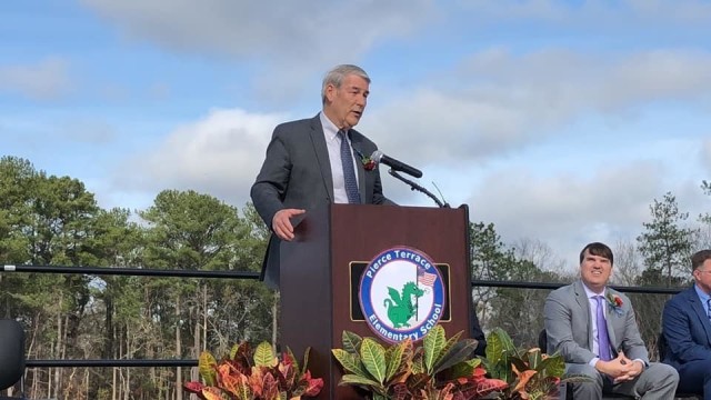Department of Defense Education Activity Headquarters Director Thomas Brady welcomes students, parents, faculty and Fort Jackson officials to the Pierce Terrace Elementary School ribbon cutting ceremony Feb. 12. Parents and officials were treated...